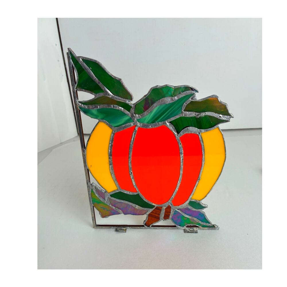 Suncatcher Pumpkin Glass Window Hanging Handmade Stand For Sill 6.5 x 9 Ins.